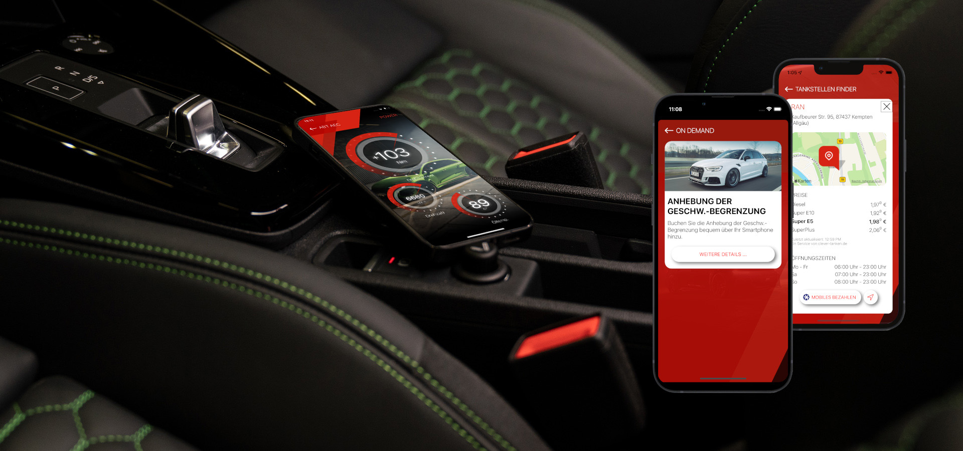 Close-up of centre console and mobile phone with ABT app